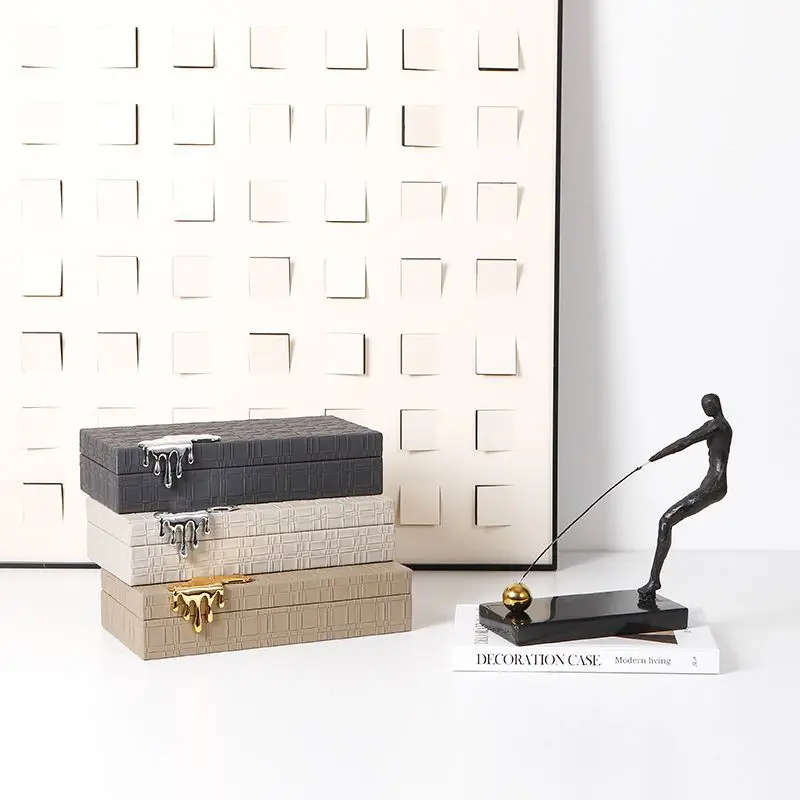 New Chinese modern checkered woven leather decorative box light luxury ornament, villa bedroom dresser creative jewelry box