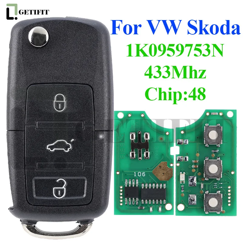 

For Volkswagen VW PASSAT B5 B6 Skoda CADDY GOLF JETTA Tiguan POLO Blade Key HU66 433Mhz Remote Car Key 1K0959753N ID48 Chip