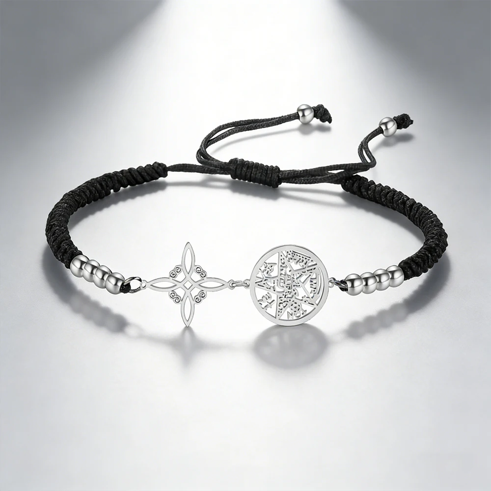Pulsera de doble protección Nudo de bruja Pentagrama Tetragrammaton Joyería de acero inoxidable
