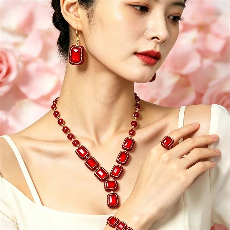 Statement Red Crystal Jewelry Set Geometric Rectangle Necklace Earrings Bracelet Ring for Women Charm Choker African Collar Gift