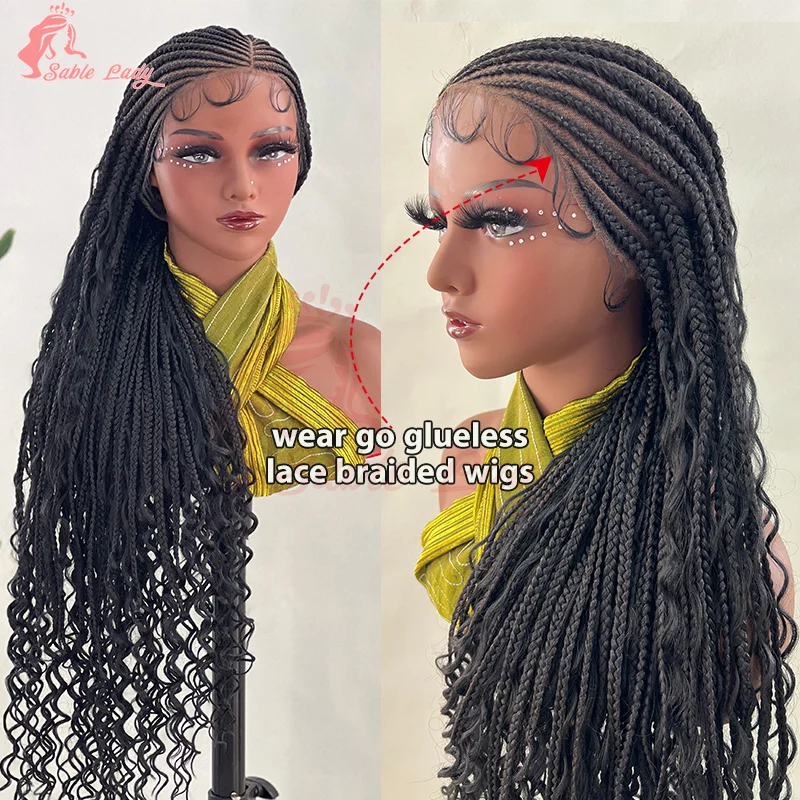 

36" Wear go Glueless Braided Wigs Boho Synthetic Full Lace Front Wig Curly End Afric Cornrow Braiding Lace Wigs For Black Woman