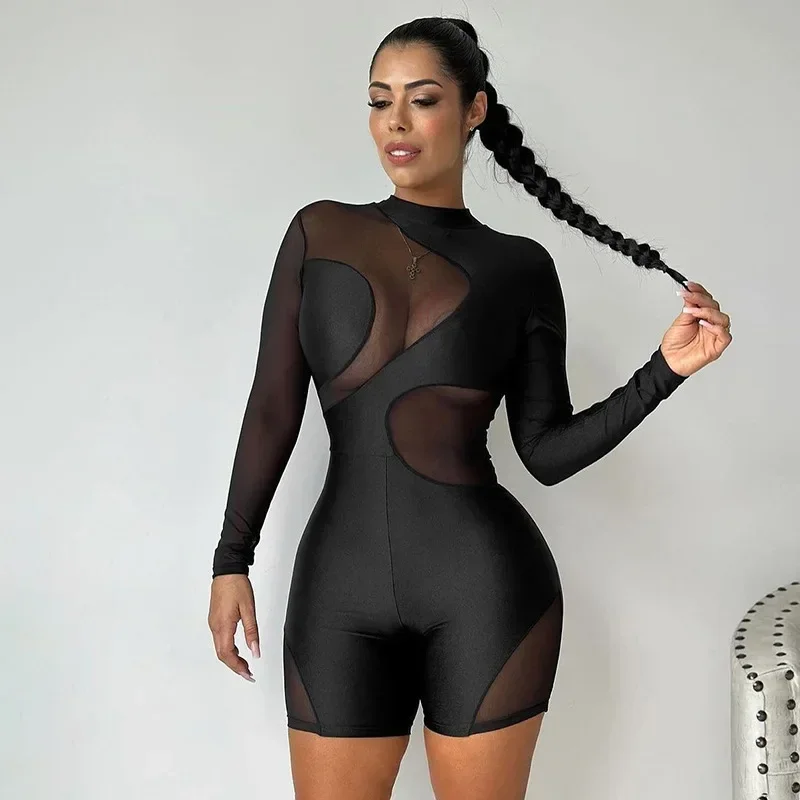 

2024 Autumn Sexy Mesh Patchwork See Through Skinny Rompers Women O Neck Long Sleeve Zipper Pleated Bodycon Playsuit Clubwear