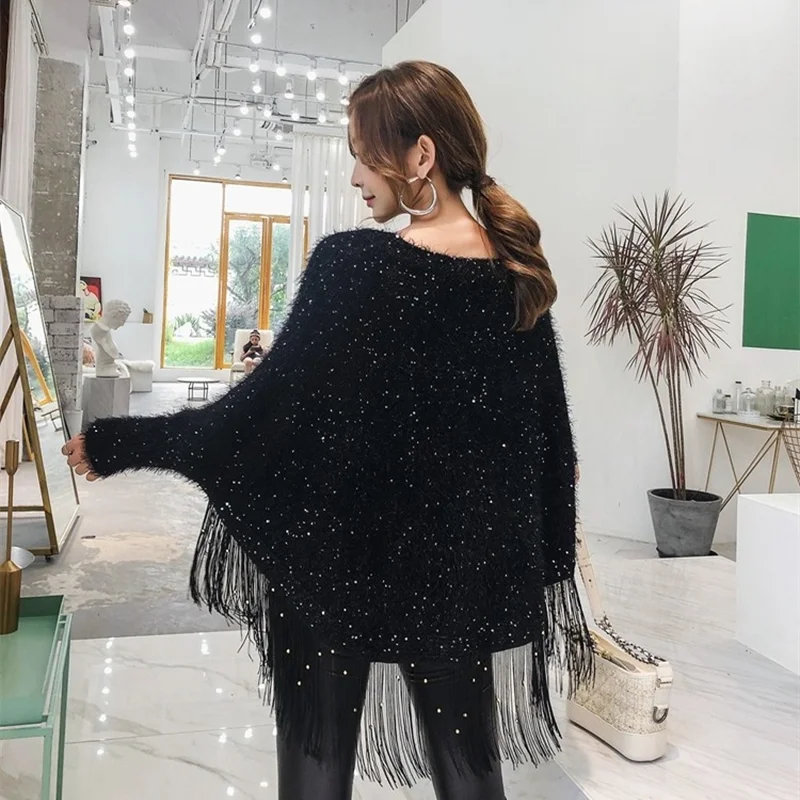 Autumn and Winter Sequined Tassel Loose Cape Shawl Pullover Sweater Thickened Knitted Jacket Bat Shirt Top Ladies