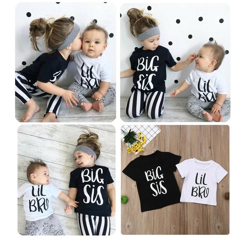 Big Sister Little Brother Twins Kids Tshirt Summer Short Sleeve Letter Tops Girls Boys Graphic Tee Twins Matching Outfit T-shirt