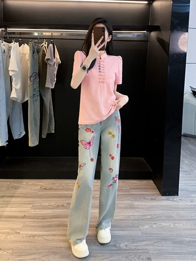 

2025 Spring Summer Women's Jeans New Butterfly Flowers Embroidery Fashion Versatile Loose Denim Straight Wide Leg Pants