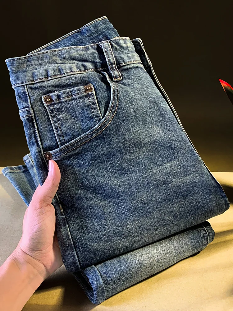 جينز ريترو مغسول للرجال لخريف 2025 اتجاه جديد بقصة ضيقة صغيرة مستقيمة القدم غير رسمية متعددة الاستخدامات سراويل رجالية راقية #5
