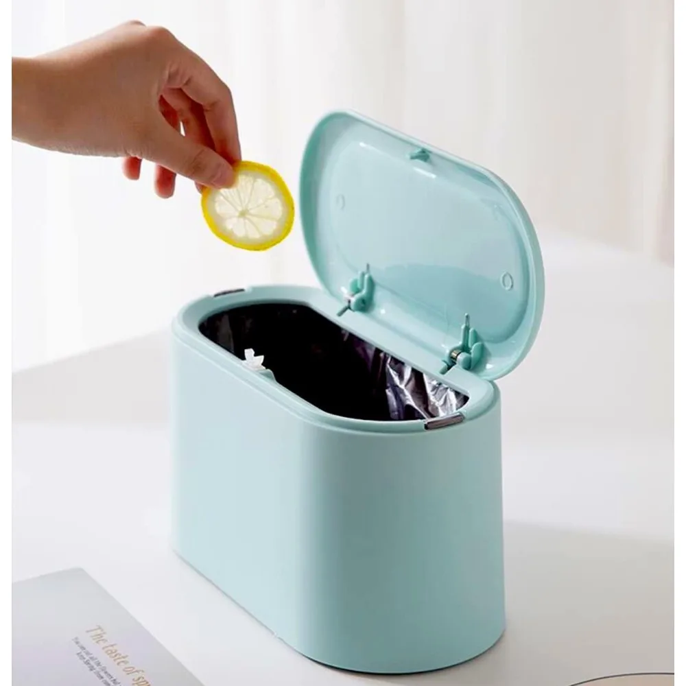 Mini Pop Up Trash Can with Lid Removable Small Garbage Bin Tiny Plastic Waste Basket for Countertop Desk Bathroom Office Kitchen Coffee Table Sky Blue