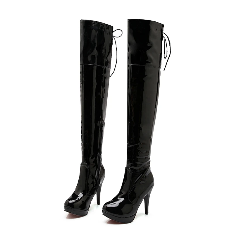 REAVE CAT 2021 Sexy Over The Knee Boots Patent Leather Velvet Round Toe Lace Up Platform 11cm Thin Heel US12 White Red A4348