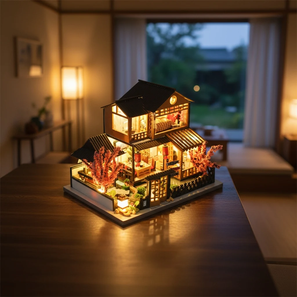 OUZEY 3D Wooden Dollhouse DIY Kit - “Cozy Cottage” with Furniture & Lights, Complete Miniature House Gift for Girls