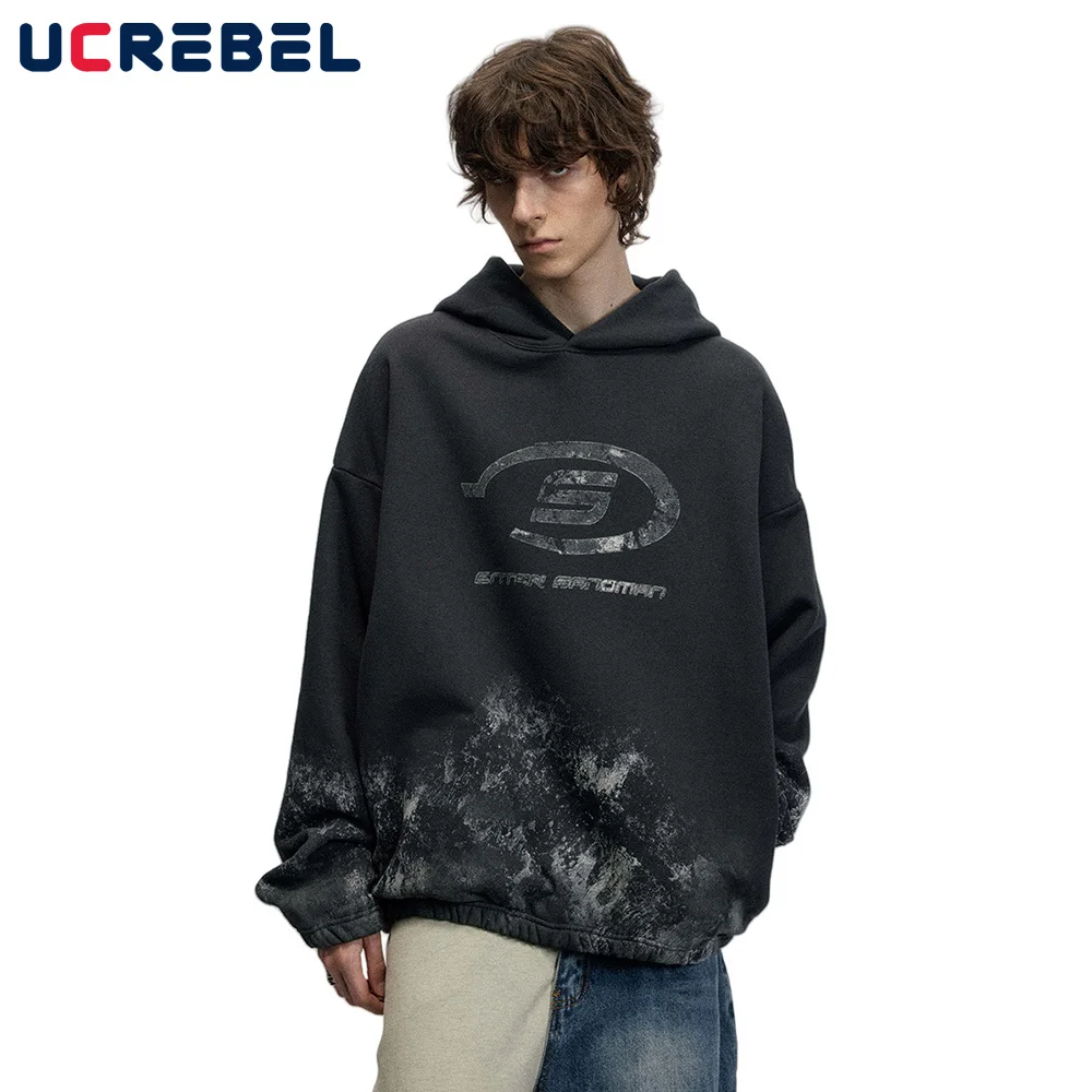 Distressed Print Fleece Hooded Sweatshirts Mens Autumn Winter Loose Drop Shoulder Long Sleeve Hoodies Men