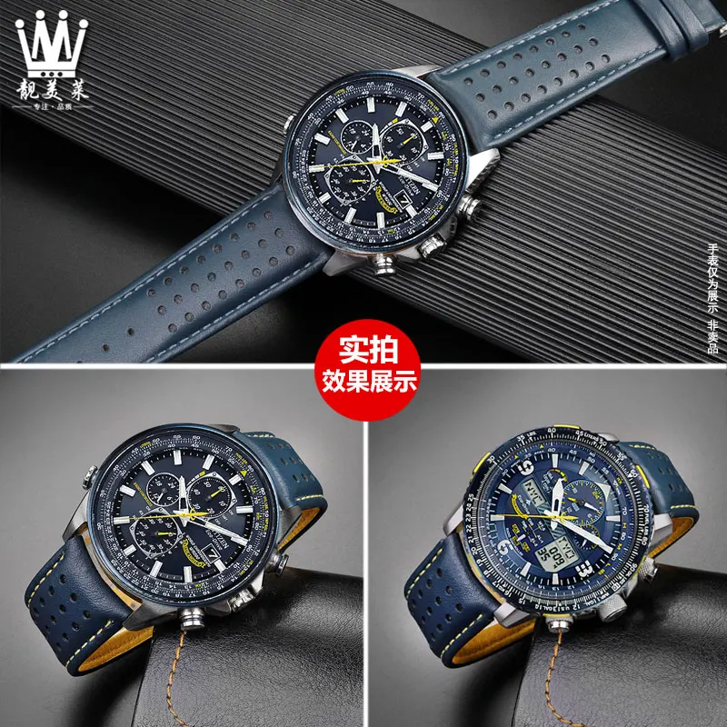 Curved end Genuine Leather Watchband 22 23 For CITIZEN Blue Angel Men Radio Wave AT8020-54L/8020-03L/JY8078 Watch Strap Bracelet