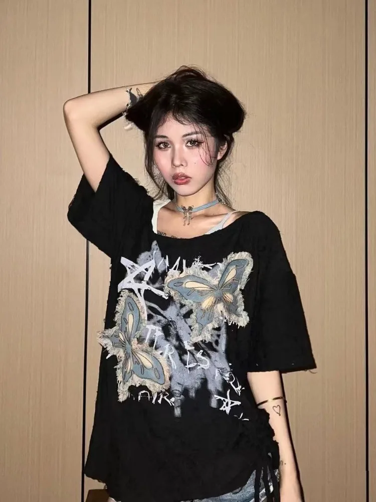 Women Y2k Aesthetic Tassels Butterfly Embroidery T-shirt Summer Dark Grey Slash Neck Tees Harajuku Hole Streetwear Loose Tshirts