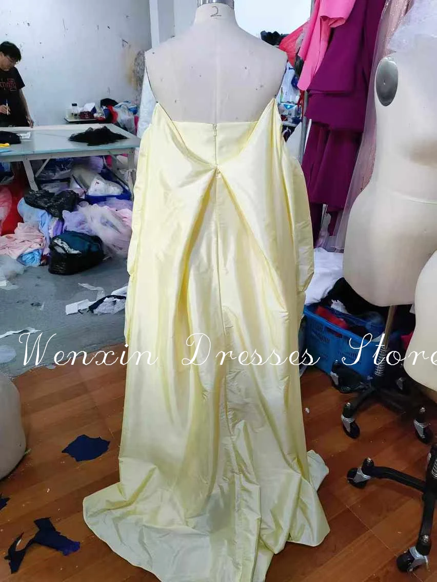 Formal Yellow Straight Strapless Detachable Sleeve Chiffon Evening Dress Sweep Train Puff sleeves Open Back Celebrity Gowns 2024