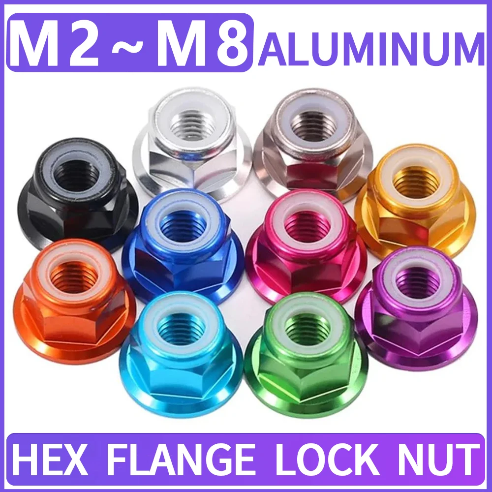 M2 M2.5 M3 M4 M5 M6 M8 Anodized Colourful Aluminum Flange Nylon Lock Nuts Self-locking For Screws 2~10Pcs Hexagon Nylock Locknut