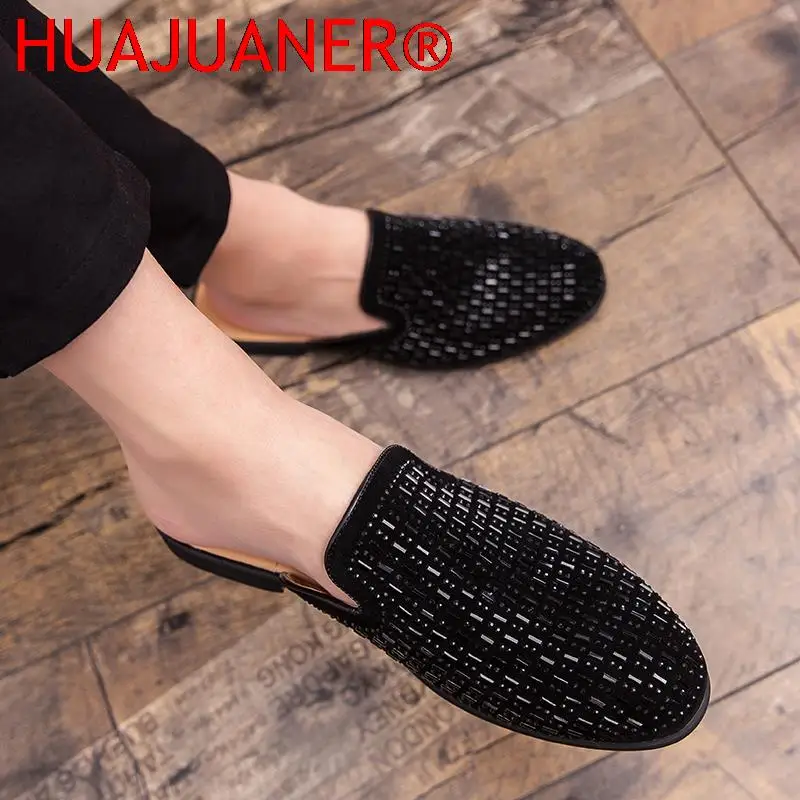 British Style Breathable Half Drag Men\'s Slippers Leather Casual Men Shoes Loafers Summer Outdoor Flats Leisure Walk Moccasins