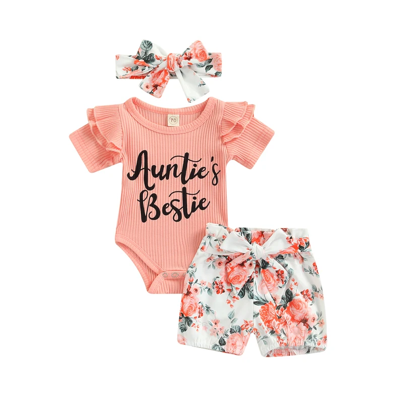 Newborn Baby Girl Summer Clothes Aunties Letter Short Sleeve Romper Top Floral Shorts Infant Outfit Set 3pcs