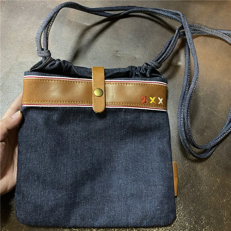 

Retro youth slung storage bag, denim bag, cowhide