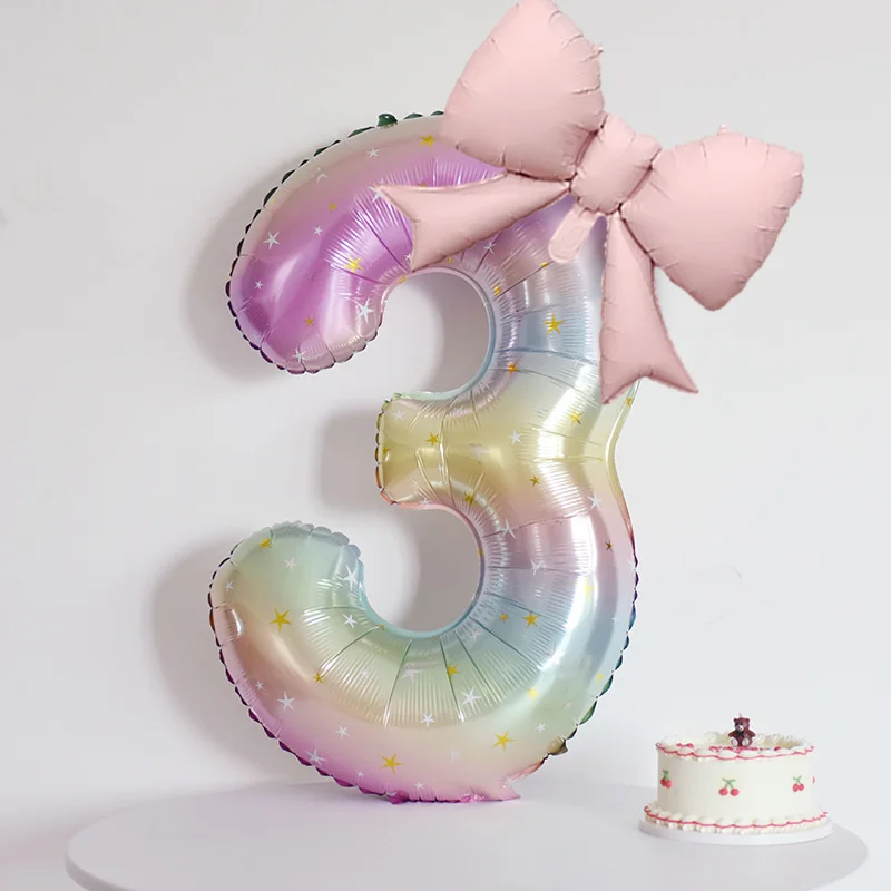 40 بوصة قوس قزح السماء المرصعة بالنجوم الرقمية الألومنيوم احباط بالون مع القوس الوردي الأميرة نمط حفلة عيد ميلاد الديكور (0-9)