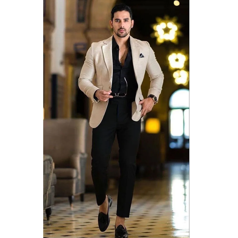 Luxury Blazers Sets for Men 2 Pieces Khaki Jacket Black Pants Male Clothing Single Breasted Business Banquet Men's Suits