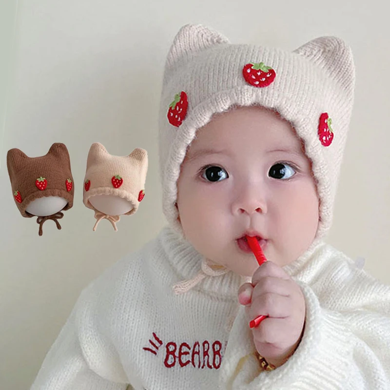 Winter Cute Strawberry Baby Knitted Hat Korean Solid Color Ear Protection Cap For Infant Girls Warm Bonnet Crochet Beanie