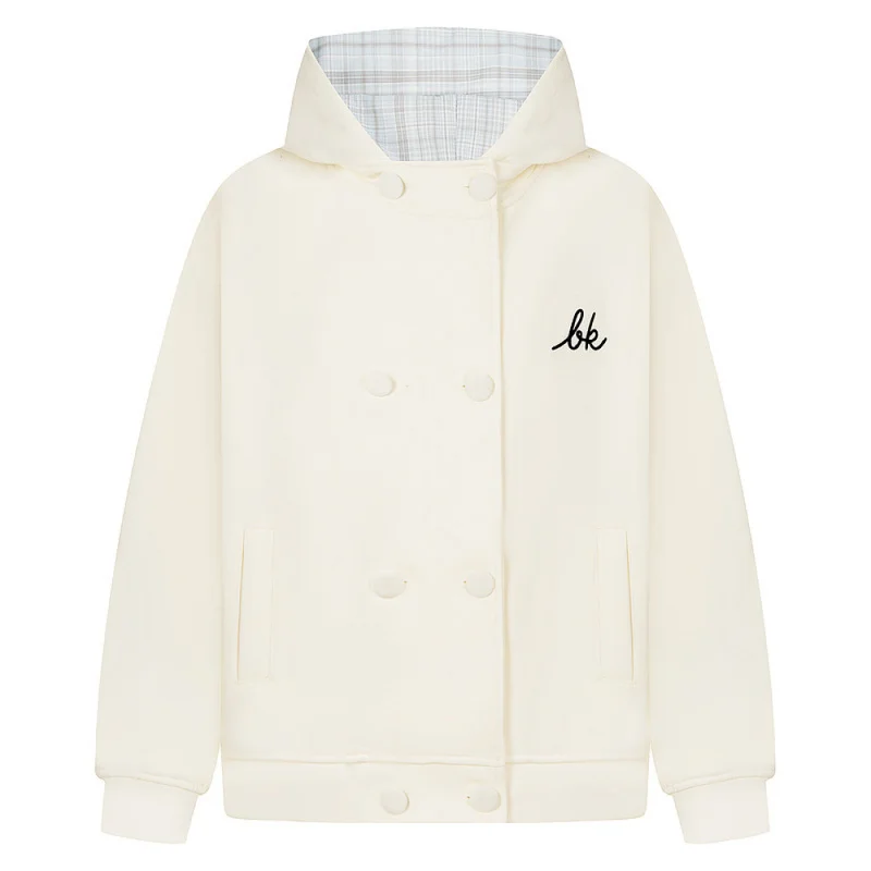 QICHE 2026 Trendy Unisex Light Gray Hooded Jacket, Korean Ins Double Breasted Sweatshirt with Plaid Lining Embroidery