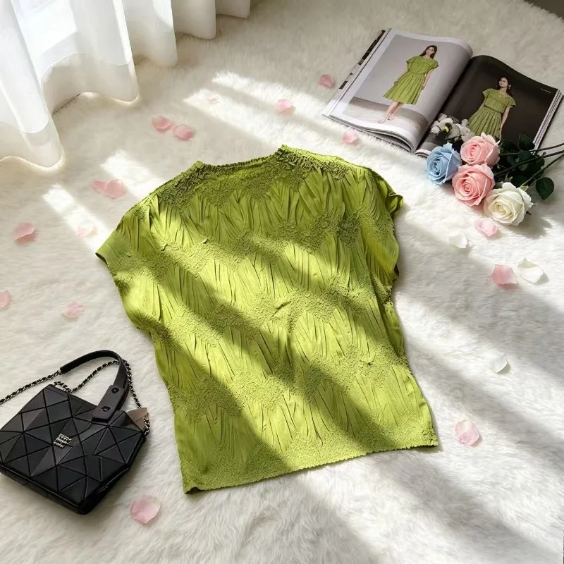 

Miyake Pleated T-Shirt Summer Fashion Pleated Solid Color Small Stand Collar Elegant Simple Versatile Commuting Daily Wear Top