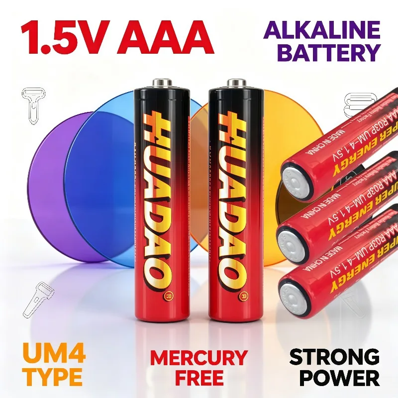 Mercury-Free UM4 AAA 1.5V Alkaline Battery, Single Use, Safe Construction for Household Devices
