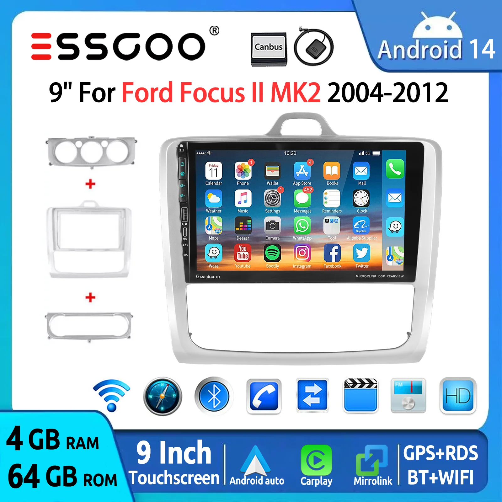 ESSGOO Android 14 Autoradio 9 Zoll 64 GB für Ford Focus II MK2 2004-2011 Wireless CarPlay Android Auto GPS Navi Bluetooth FM RDS WiFi Typ-C Doppel-USB Mirror Link Multimedia Player Head Unit