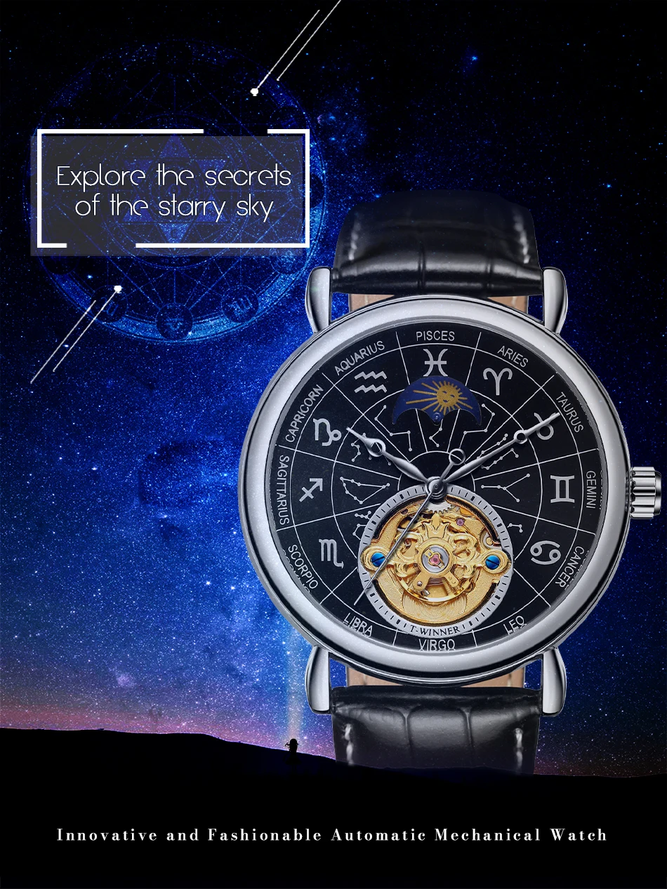 T-WINNER Trendy 12 Constellation Design Man Watch Moon Phase Tourbillon Automatic Mechanical Genuine Leather Waterproof Watches
