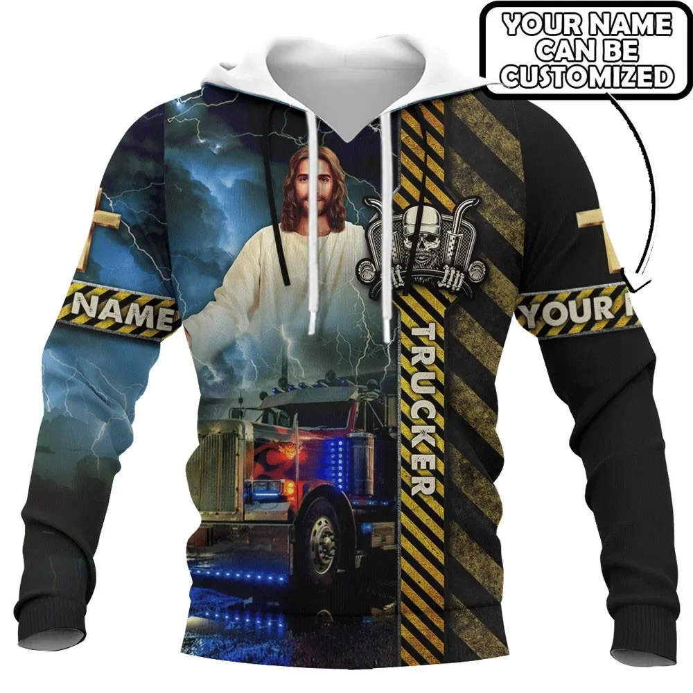 

HX Fashion Sweatshirt Trucker Dad God Please Keep Daddy Safe Jesus Family Faith DIY Name Hoodie Casual Men Clothing S-7XL