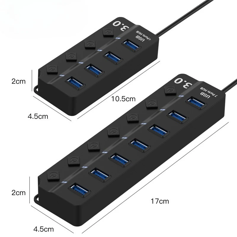 7‑Port USB 3.0 Hub Splitter with Individual Switches, High‑Speed USB Expansion Dock for Laptop & Desktop PC