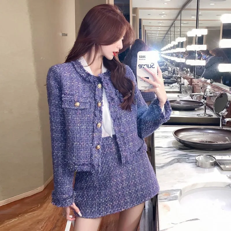 Women Elegant Tweed Jacket And Mini Skirt Two Piece Set Chic Noble Outfit Spring Autumn