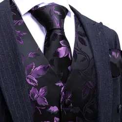 Luxury Silk Black Purple Men's Vest Flower Waistcoat Necktie Hanky Cufflinks Set Formal Business Male Suit Barry Wang