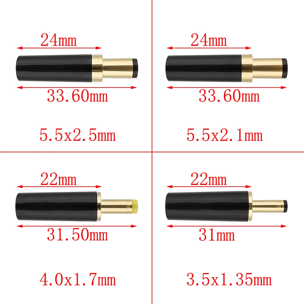 2Pcs DC Power Male Plug 5.5 x 2.5mm 5.5 x 2.1mm 4.0 x 1.7mm 3.5x1.35mm Adapter Connector Gold Plated DC Plug Soldering Wire DIY