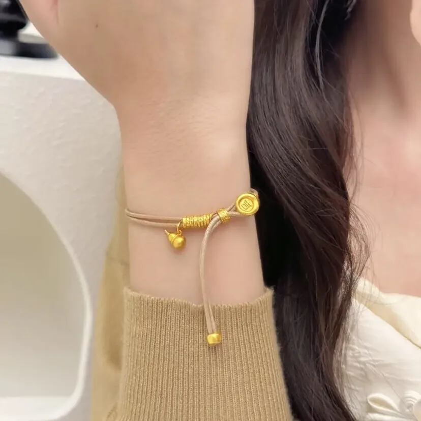

Real Gold Plated Strong Retention Gufasha Jinfulu Small Gourd Coiled Double Layer Leather Rope New Chinese China Chic Girls Gif