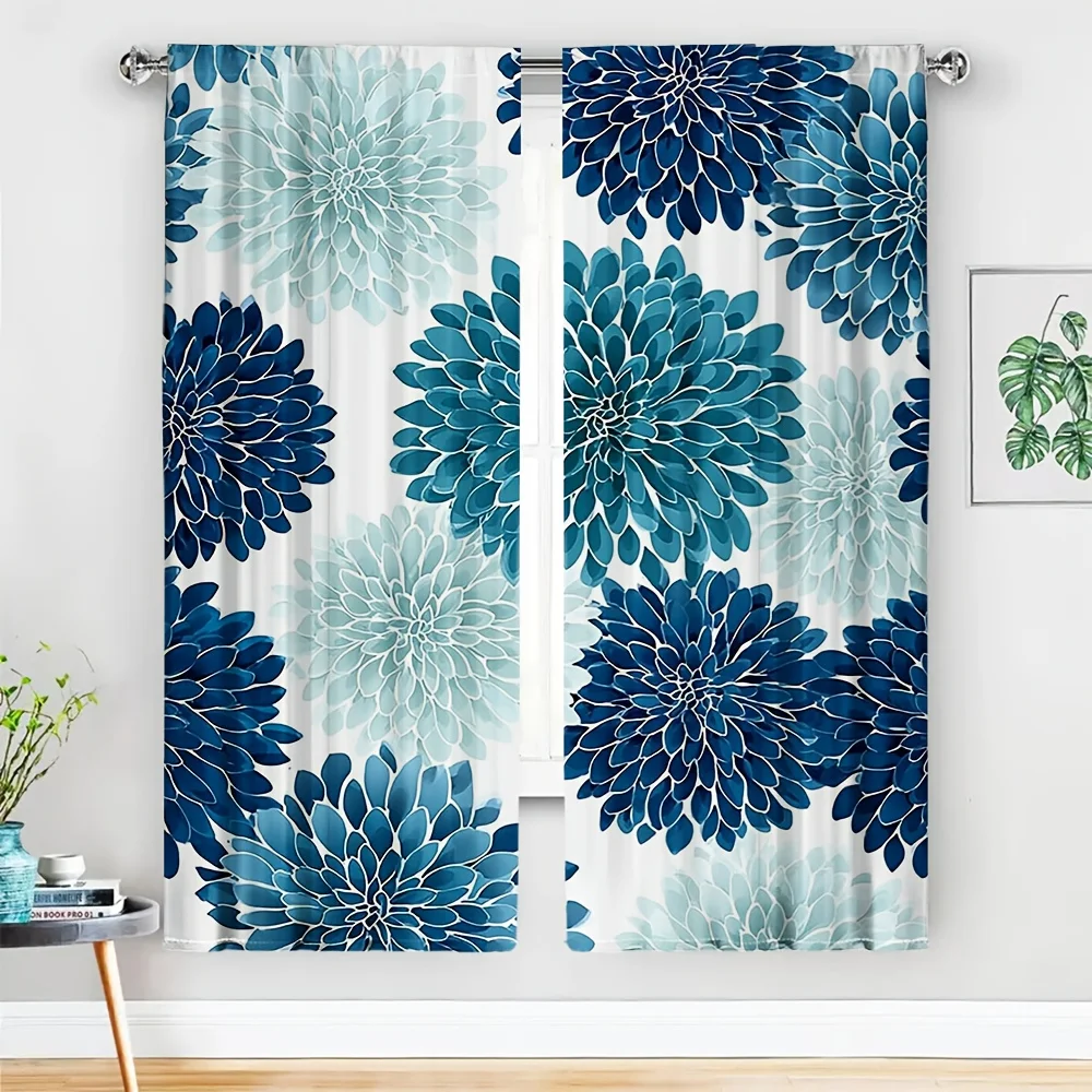 2pcs Blue Dahlia Floral Curtains No Rod Large Bloom Print on White, Light-Filtering for Living Room Bedroom Kitchen, Year-Round