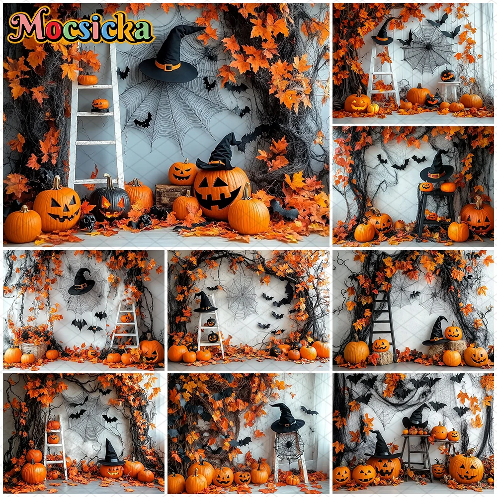 

Mocsicka Halloween Backdrop Photography Yellow Maple Leaf Bat Ladder Decorations Fall Pumpkin Party Backgrounds Studio Wallpaper