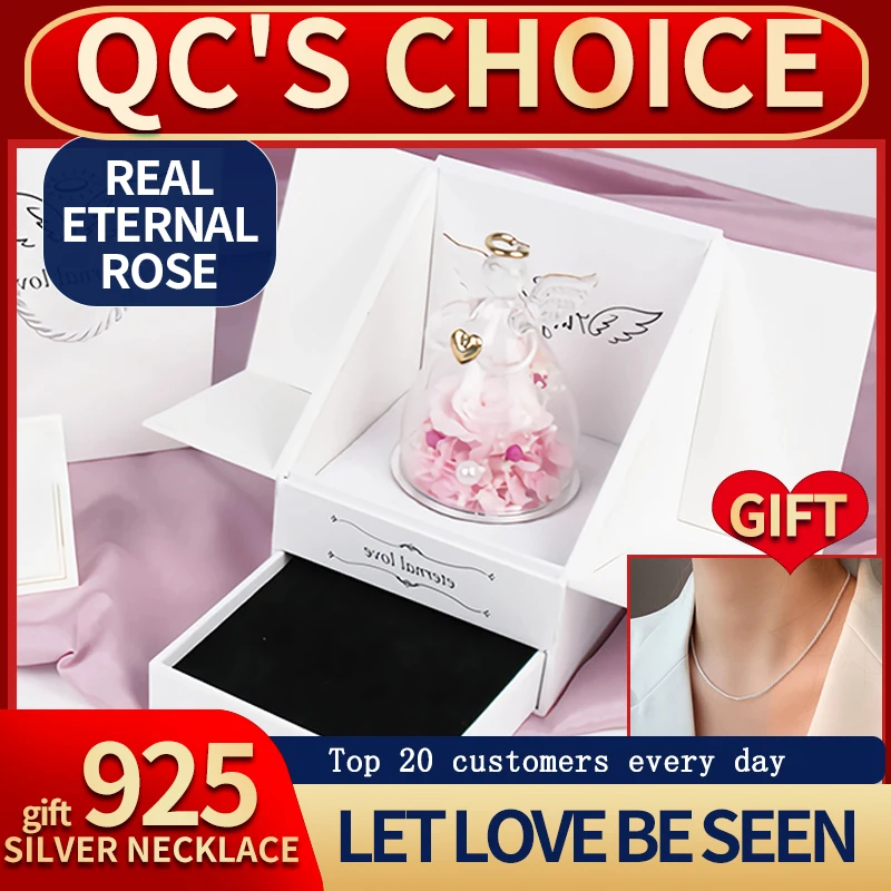 

Real Preserved Flower Rose Angel Gift Box Glass Shade Jewelry Box Valentine's Day Christmas Mother's Day Party Favors