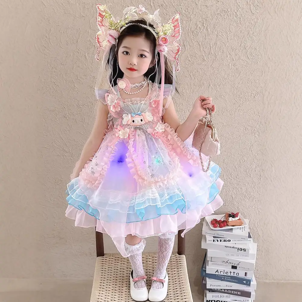 

Sanrio My Melody, юбка принцессы Лолиты для девочек, летнее мультяшное светодиодное платье, пышная юбка, светодиодная повязка на голову, костюм для выступлений, подарок