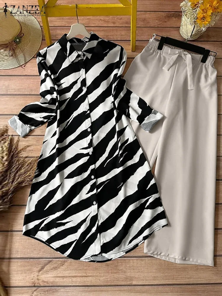 

ZANZEA 2025 модные офисные женские комплекты брюк, винтажная длинная рубашка с принтом зебры, широкий брючный костюм, спортивный костюм, повседневные одинаковые комплекты