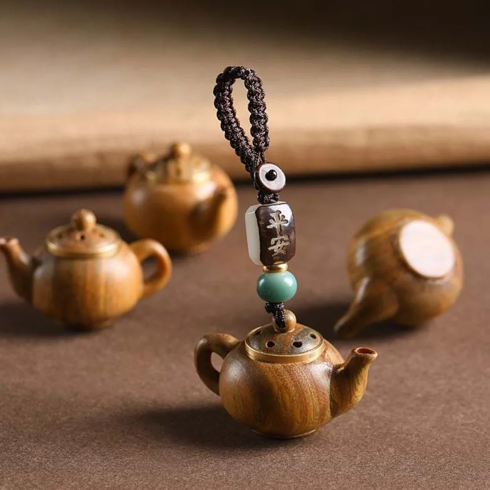 Chaveiro Mini Bule de Chá de Desenho Animado, Impermeável, Abrível, Pingente de Bule Esculpido, Cordão de Contas Trançadas, Corrente para Celular de Sândalo Verde, Masculino