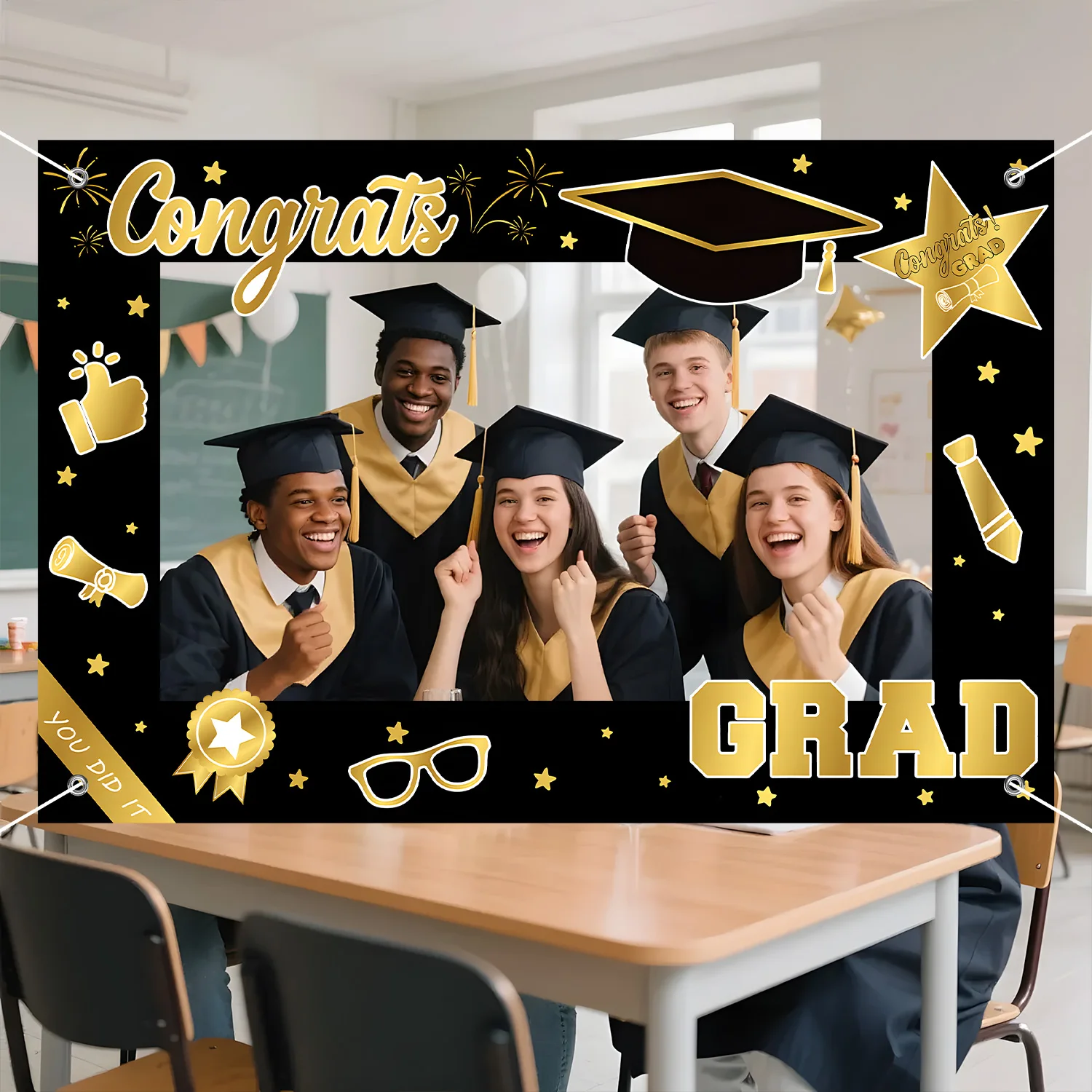Decoración de fiesta de graduación Clase de 2026: Fondo de tela hueco para fotos, con estrellas y birrete de graduación, para felicitar a los jóvenes.