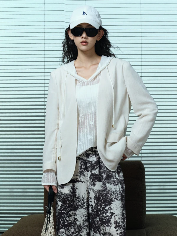 

Ele Long Sve Suit Jaet by Wei Spring Summer Lightweight Casual Sle Pure Color Trendy Women's Faion