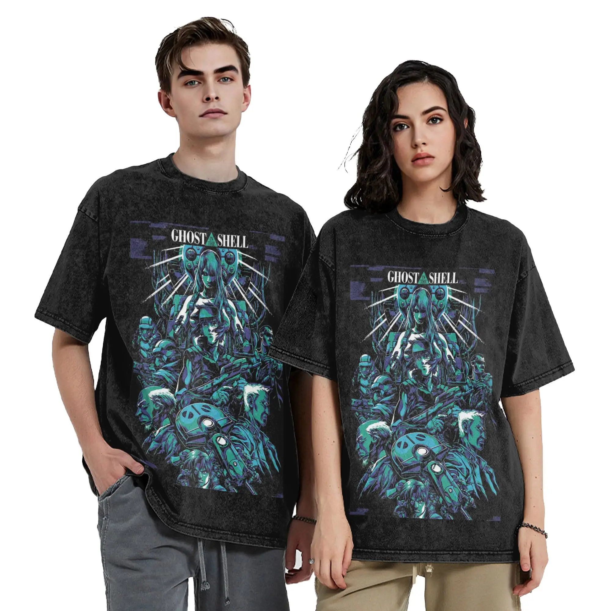 Ghost in the shell Anime Vintage Washed T Shirt Men Cotton Tops Printed  Round Neck Short Sleeve