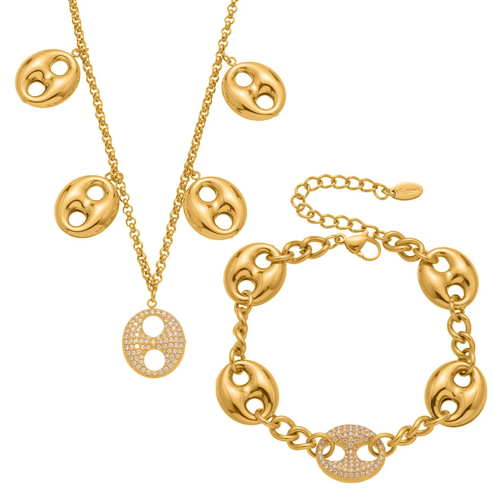 

Европейско-Американское 18-каратное позолоченное ожерелье из нержавеющей стали с пряжкой в виде носа свиньи и циркона, модные комплекты ювелирных изделий