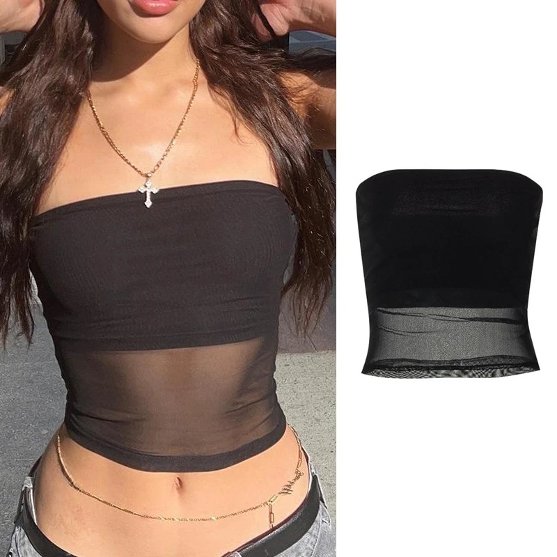 Y2K Sheer Mesh Strapless Bandeau Stylish Skin Friendly See Through Tank Tops for Sexy Women Summer Daily Dating Black Tank Tops