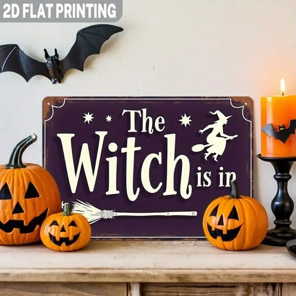 HELLOYOUNG Vintage The Witch Is In Metal Sign 8x12 Inch, Rustic Halloween Wall Decor, Farmhouse Porch Kitchen Party Home Decoration