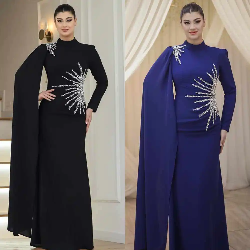 Jiayigong Sparkle Exquisite  Evening Jersey Sequined Ruched Wedding Party A-line High Collar Bespoke Occasion Gown Long Dresses