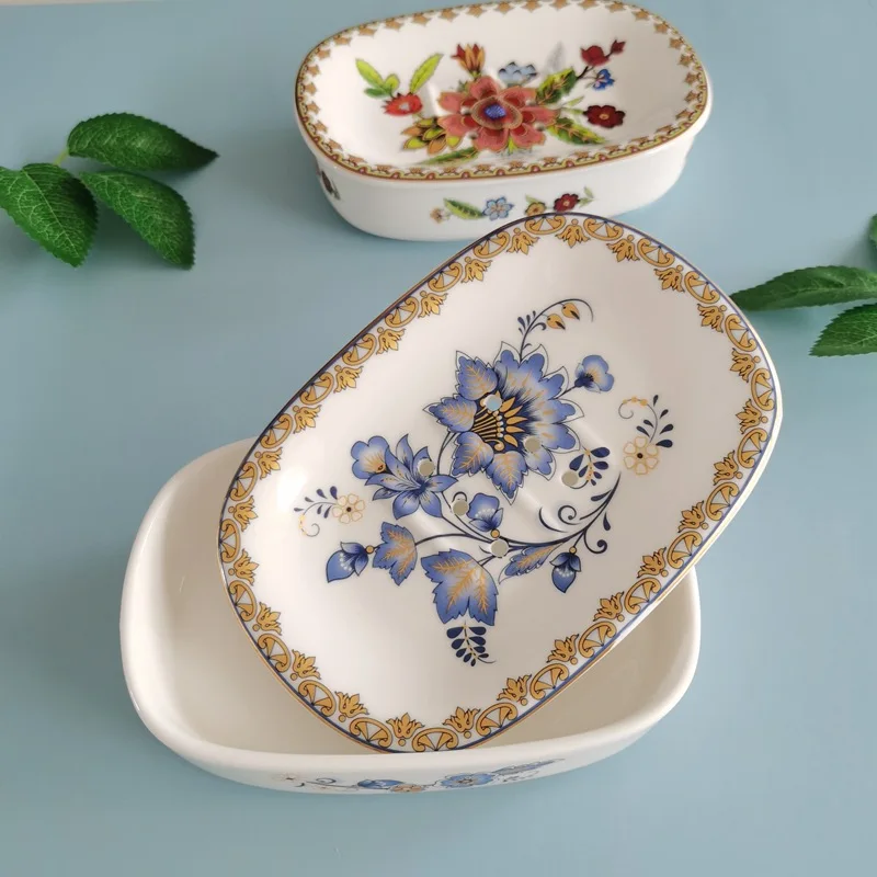 Self Draining Soap Dish, Double-Layer Bar Soap Tray Stylish Bar Soap Tray for Bathroom Kitchen Elegant Gold Trim Design