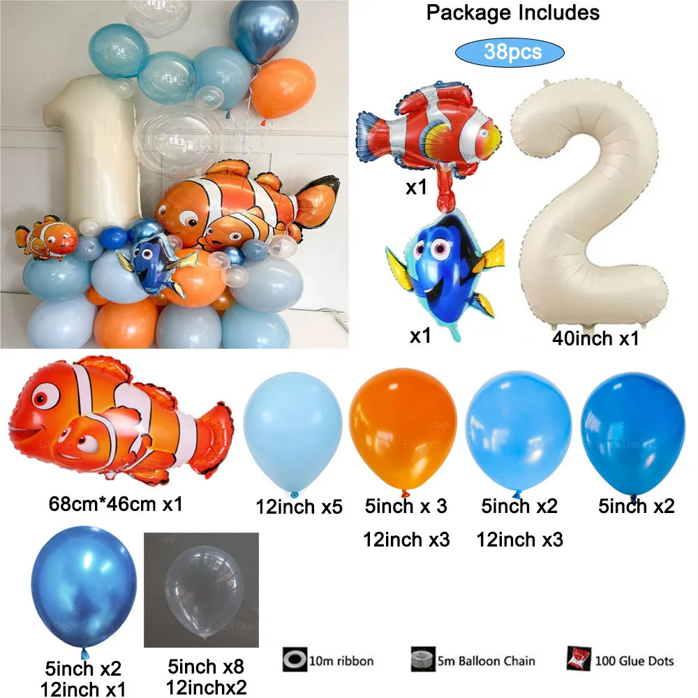 38 pièces Nemo thème feuille ballon monde sous-marin mignon Clown poisson mer animaux ballons bébé fête d'anniversaire crémeux numéro ballons